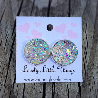 14mm clear iridescent studs with silver setting 