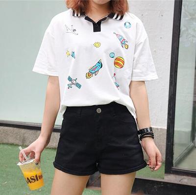 Harajuku Rocket Planet Embroidered Polo T-shirt