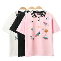 Harajuku Rocket Planet Embroidered Polo T-shirt - Thumbnail 2