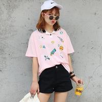 Harajuku Rocket Planet Embroidered Polo T-shirt - Thumbnail 4