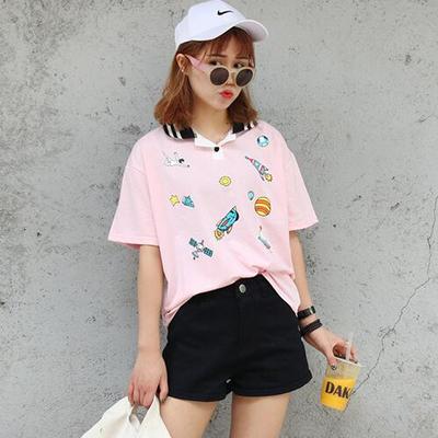 Harajuku rocket planet embroidered polo t-shirt