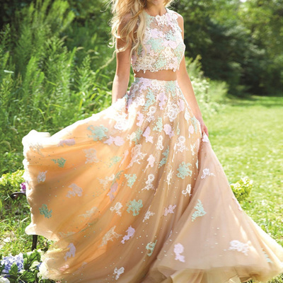 2 pieces prom dresses,champagne a-line scoop floor-length tulle prom dresses evening dresses 8801