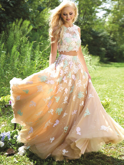 2 pieces prom dresses,Champagne A-line Scoop Floor-length Tulle Prom Dresses Evening Dresses 8801