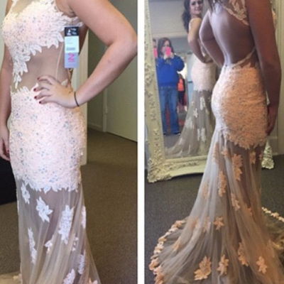 Mermaid prom dresses,peal pink sheath column scoop floor-length tulle prom dresses evening dresses 8804