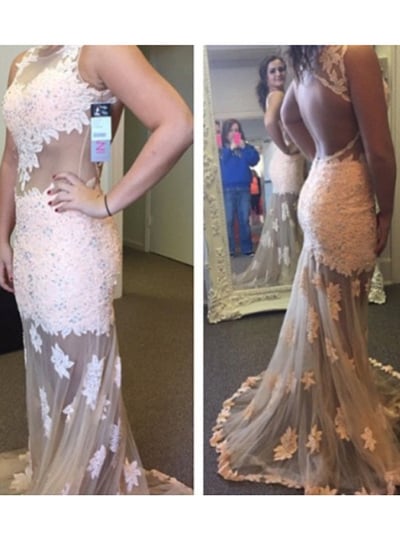 mermaid prom dresses,Peal Pink Sheath Column Scoop Floor-length Tulle Prom Dresses Evening Dresses 8804