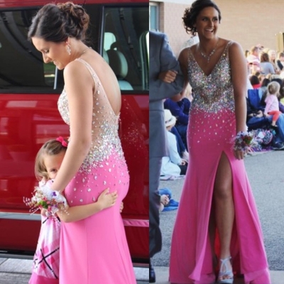 prom dresses strapless,Pink Red A-line V-neck Floor-length Chiffon Prom Dresses Evening Dresses 8809