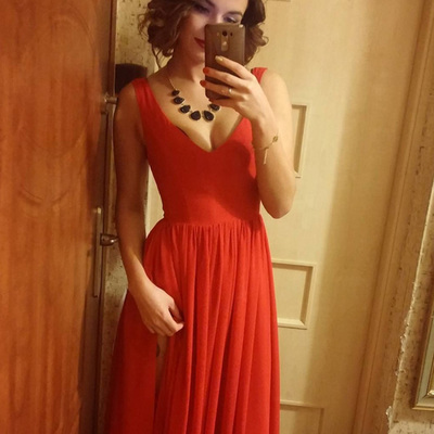 Simple prom dresses,orange a-line v-neck floor-length chiffon prom dresses evening dresses 8810