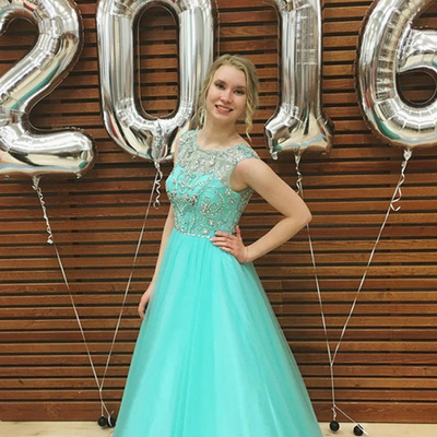 Fitted prom dresses,light green a-line scoop floor-length tulle prom dresses evening dresses 8819