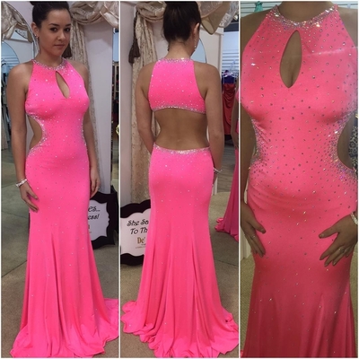 sexy prom dresses,Fuchsia Sheath/Column Scoop Floor-length Elastic Woven Satin Prom Dresses Evening Dresses 8820