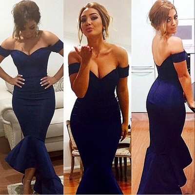 Off-the-shoulder prom dresses,dark blue mermaid off-the-shoulder floor-length satin prom dresses evening dresses 8827