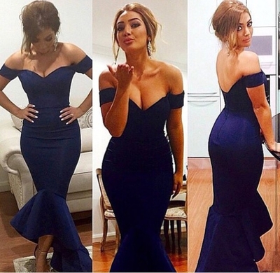 off-the-shoulder prom dresses,Dark Blue Mermaid Off-the-shoulder Floor-length Satin Prom Dresses Evening Dresses 8827