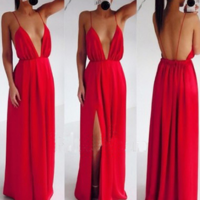 High split women dress party elegant long dress sexy red spaghetti strap backless pleated maxi dress 