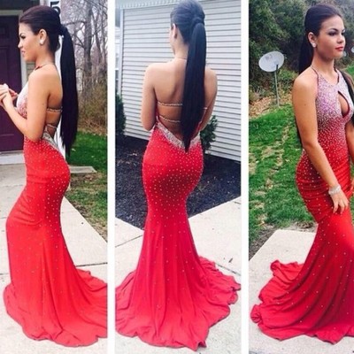 Red prom dress, mermaid prom dress, sexy prom dress, backless prom dress, halter prom dress, prom dress, evening dress, bd801 - Thumbnail 5