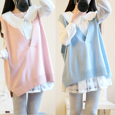 Beige/pink/light blue preppy style two-piece set vest sweater shirt sp166254