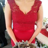 Red bridesmaid dress, lace bridesmaid dress, off shoulder bridesmaid dress, v-neck bridesmaid dress - Thumbnail 1