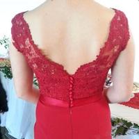 Red bridesmaid dress, lace bridesmaid dress, off shoulder bridesmaid dress, v-neck bridesmaid dress - Thumbnail 2
