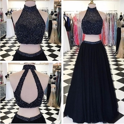 Black long prom dresses,a-line halter two pieces long prom dresses,sexy evening dress