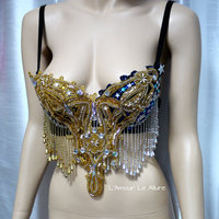 Silver Gold Beaded Sun and Moon Rave Bra Dance Halloween Costume Galaxy - Thumbnail 4