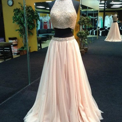 Two pieces beading real made a-line charming prom dresses,long evening dresses,sexy prom dress,prom dresses on sale