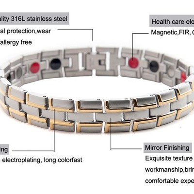 Healing magnetic bracelet men/woman 316l stainless steel 3 health care elements(magnetic,fir,germanium) gold bracelet  - Thumbnail 5