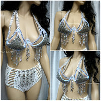 White and Silver LED Diamond Samba Bra Cosplay Dance Costume Rave Bra Rave Wear Halloween Burlesque Show Girl - Thumbnail 1