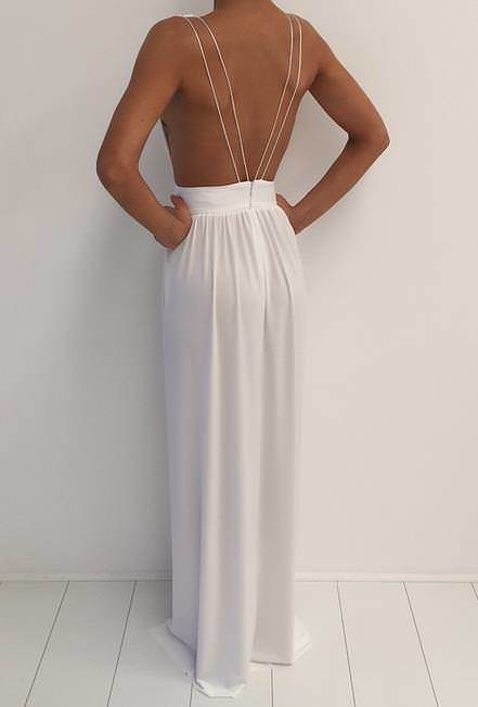 White Maxi Slit Elegant V Neck Backless Dress