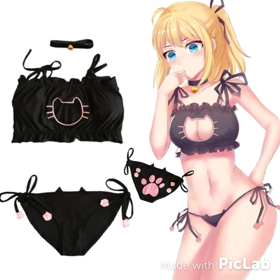 Japanese kawaii cats hollow out chest underwear suits