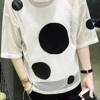 HOLLOW DESIGN SHORT SLEEVE WHITE BLACK POLKA DOTS T SHIRTS - Thumbnail 2