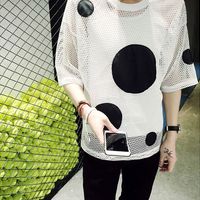 HOLLOW DESIGN SHORT SLEEVE WHITE BLACK POLKA DOTS T SHIRTS - Thumbnail 1