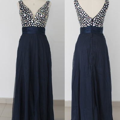 Vestidos prom dresses,dark navy a-line v-neck floor-length chiffon prom dresses evening dresses 090