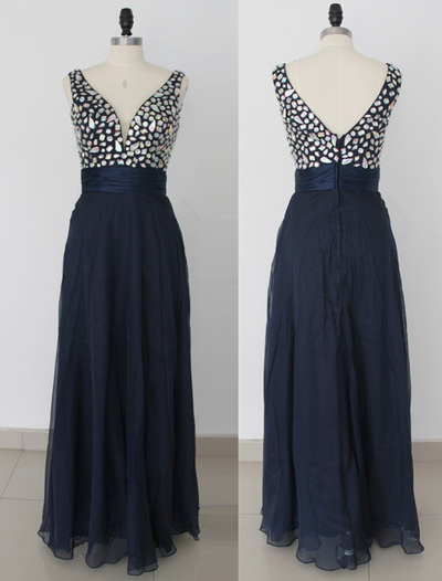 vestidos prom dresses,Dark Navy A-line V-neck Floor-length Chiffon Prom Dresses Evening Dresses 090