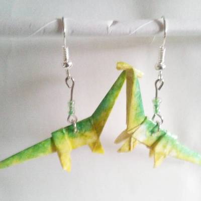 Origami long neck dino earrings: green