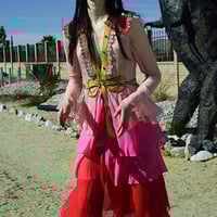 V NECK SPRING COLLECTION EMBROIDERED PINK RED FLOUNCED TRIO COLOR LONG DRESS - Thumbnail 1