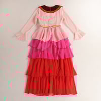 V NECK SPRING COLLECTION EMBROIDERED PINK RED FLOUNCED TRIO COLOR LONG DRESS - Thumbnail 4