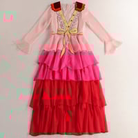 V NECK SPRING COLLECTION EMBROIDERED PINK RED FLOUNCED TRIO COLOR LONG DRESS - Thumbnail 3