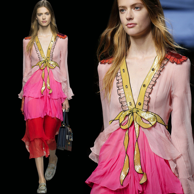 V neck spring collection embroidered pink red flounced trio color long dress - Thumbnail 4