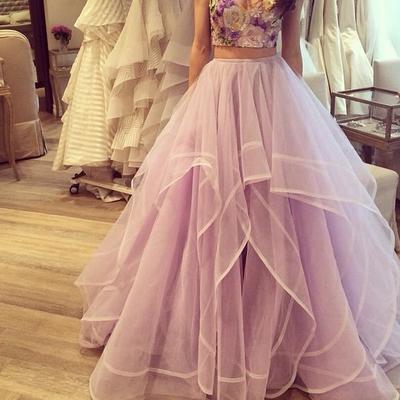 Two piece prom dresses 3d-floral appliques top layers tulle lilac long 2016 junior evening gowns