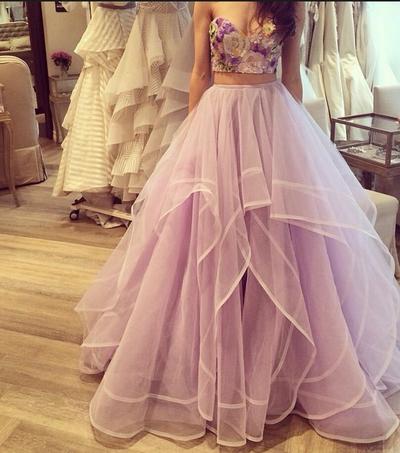 Two Piece Prom Dresses 3D-Floral Appliques Top Layers Tulle Lilac Long 2016 Junior Evening Gowns