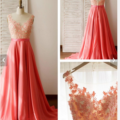 A-line lace appliqued bodice coral chiffon skirt 2016 prom dress,long formal dress,unique prom dress - Thumbnail 5