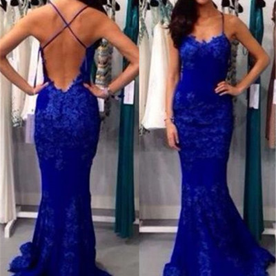 Sexy backless royal blue evening dresses lace mermaid 2016 prom dress with spaghetti straps gowns