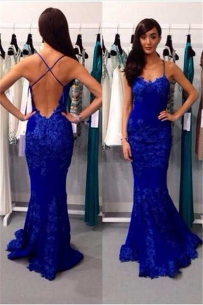 Sexy Backless Royal Blue Evening Dresses Lace Mermaid 2016 Prom Dress With Spaghetti Straps Gowns