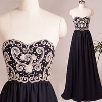 Elegant A-Line Sweetheart Floor Length Empire Chiffon Black Evening/Prom Dress with Appliques,cheap prom dress - Thumbnail 1