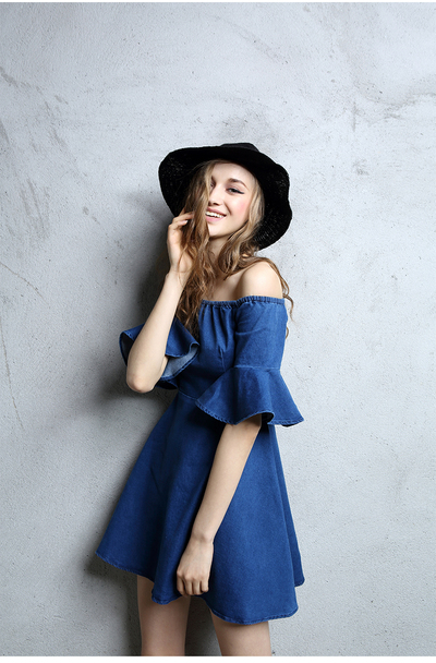 KRAZY BRAND VINTAGE STYLE TRUMPET SLEEVE DENIM DRESS 7335