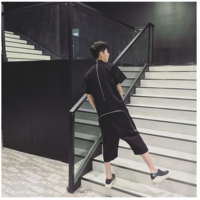 BLACK BACK ZIPPER DECORATED SHORT SLEEVED JUMPSUIT PANTS - Thumbnail 1