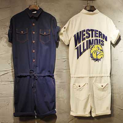 Siamese short sleeved denim tooling piece jumpsuit - Thumbnail 5