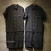 BLACK GREY STRIPED LEOTARD SHORT SLEEVED JUMPSUITS - Thumbnail 1