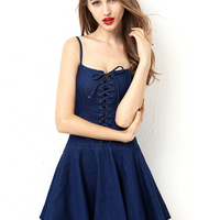 KRAZY LACE UP MINI DENIM DRESS 7955 - Thumbnail 2