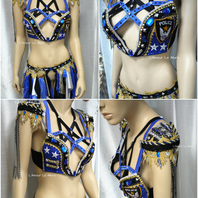 Police cop plunge rave bra cosplay dance costume rave bra rave wear halloween burlesque show girl