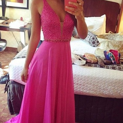 Chiffon prom dress,sexy prom gown,v-neck prom dress,beading fuchsia empire evening formal dress
