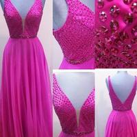 Chiffon Prom dress,sexy prom gown,v-neck prom dress,Beading Fuchsia Empire Evening formal dress - Thumbnail 1